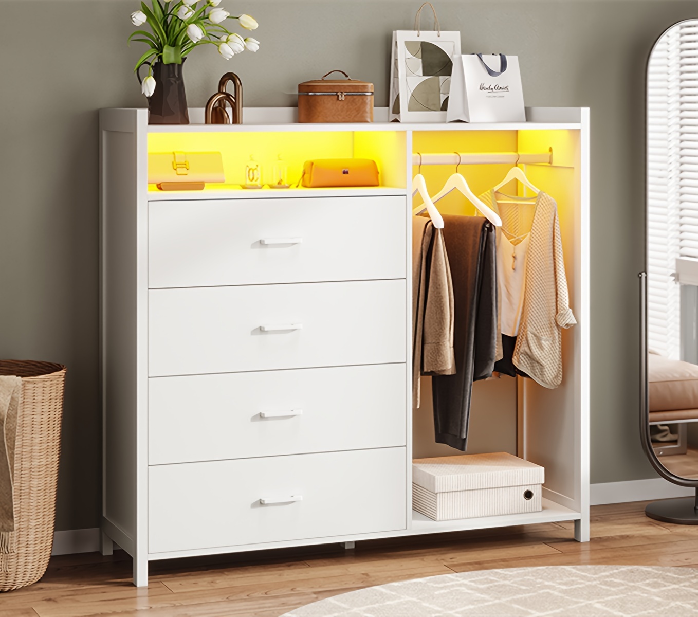 white dresser with led light and clothes rack 4 drawer dresser with led lights modern storage cabinet led dresser for bedroom details 4