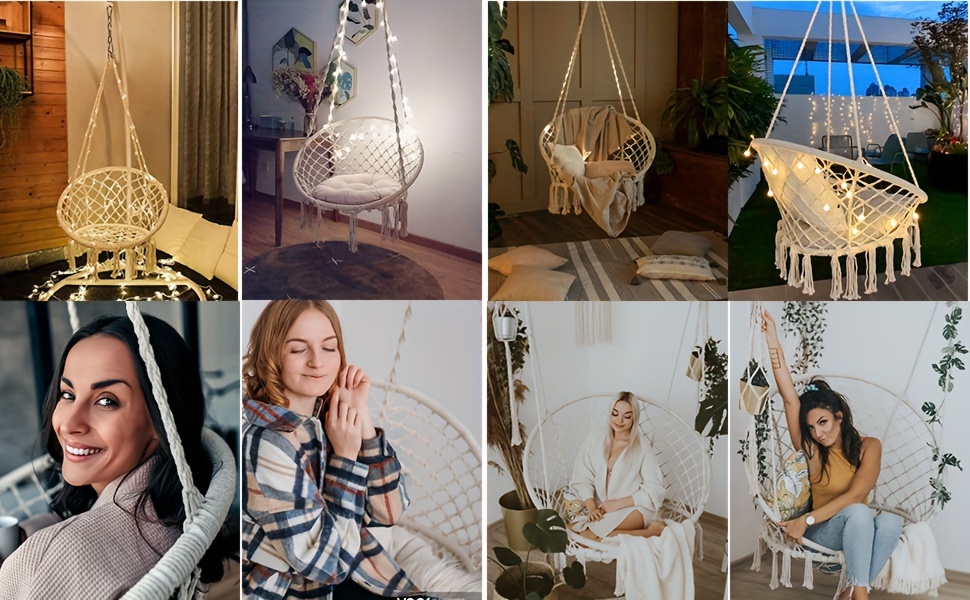 hanging chair for bedroom hammock chair swing with lights and hardware kits holds up to 550lbs macrame swing chair hanging cotton rope swing chair for bedroom patio deck garden and porch details 4