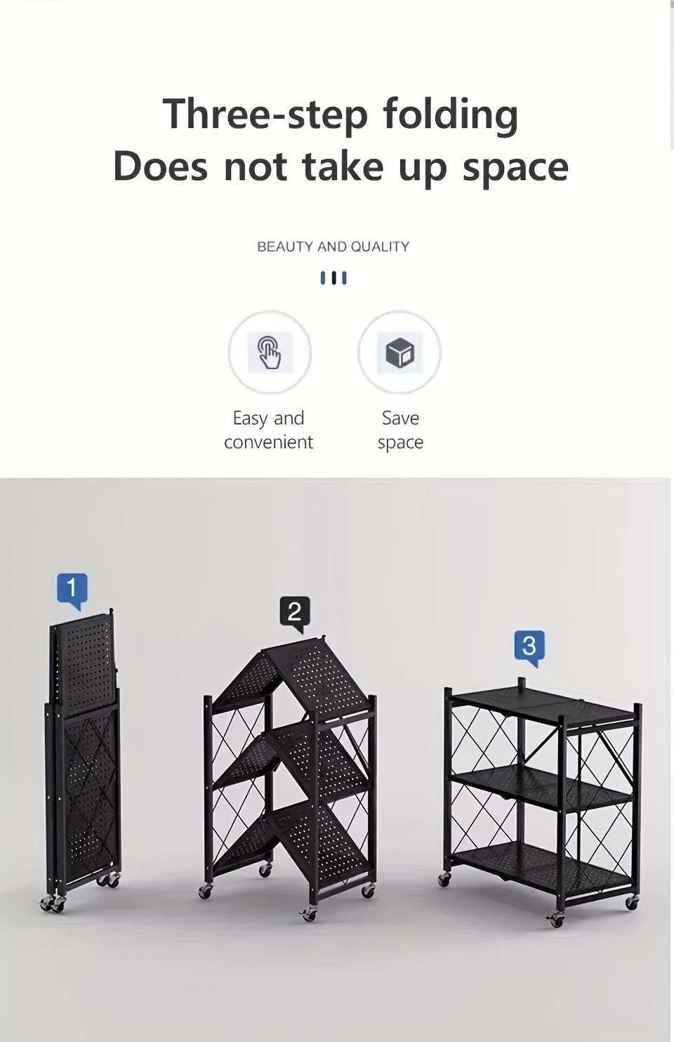 1pcs 3 tier heavy duty foldable metal rack storage rack with wheels move easily organizer perfect for garage kitchen black details 1