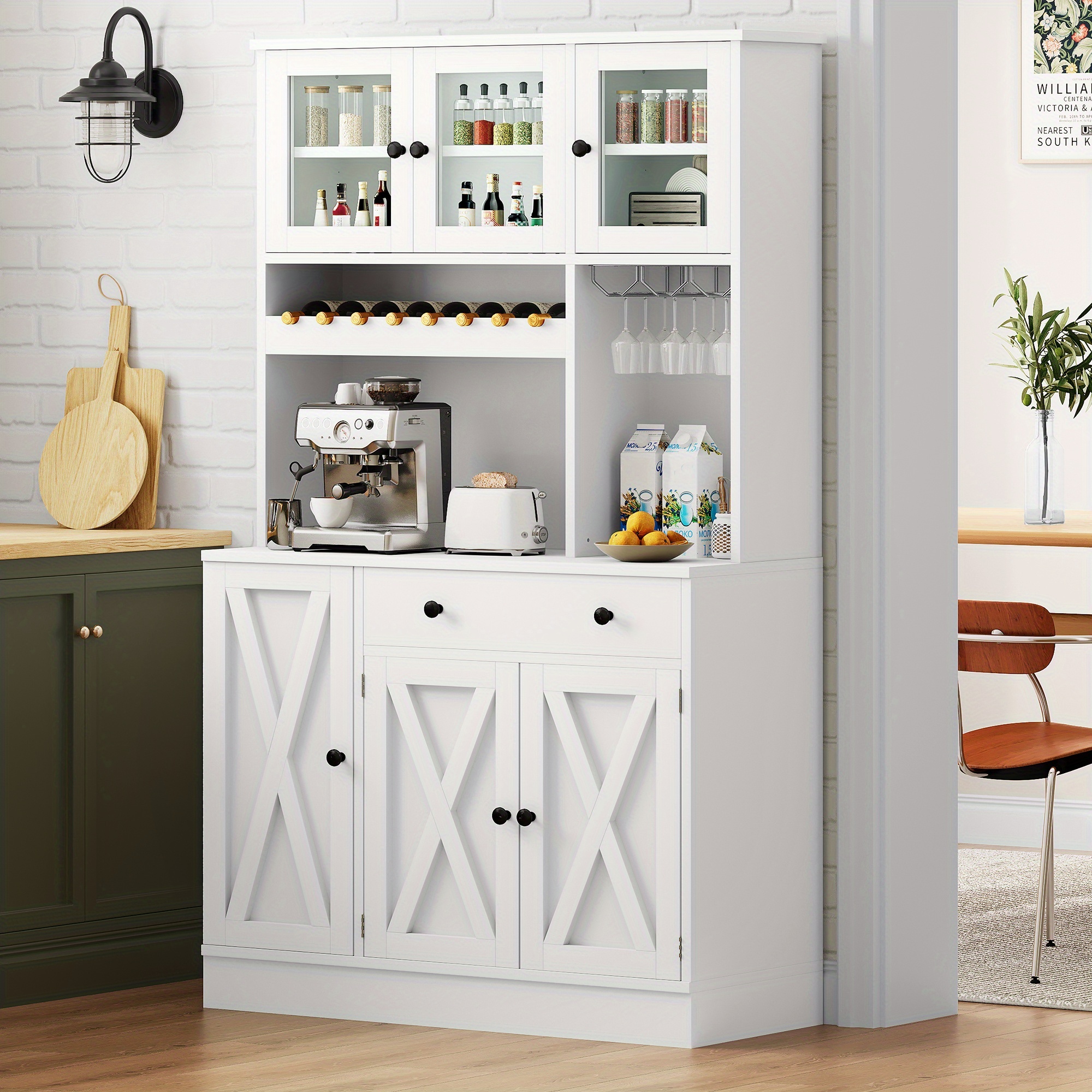 71h kitchen pantry storage cabinet with power outlet tall cabinet with doors shelves drawer buffet cabinet with   and wine rack for kitchen living room 41w white details 0