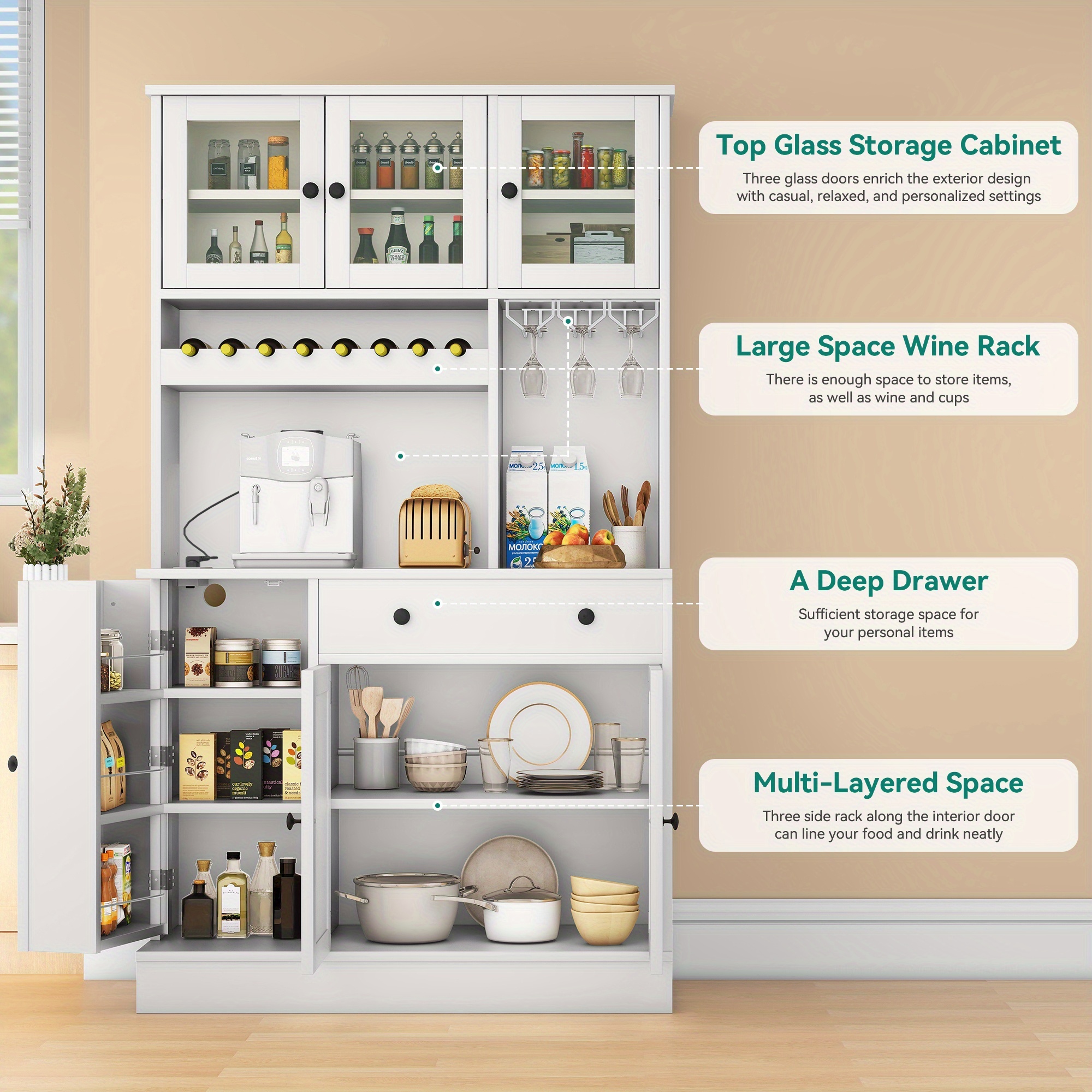 71h kitchen pantry storage cabinet with power outlet tall cabinet with doors shelves drawer buffet cabinet with   and wine rack for kitchen living room 41w white details 1