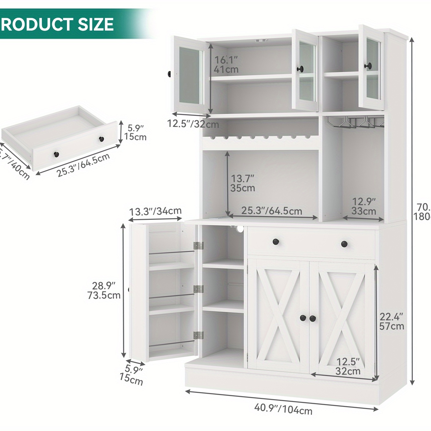 71h kitchen pantry storage cabinet with power outlet tall cabinet with doors shelves drawer buffet cabinet with   and wine rack for kitchen living room 41w white details 3