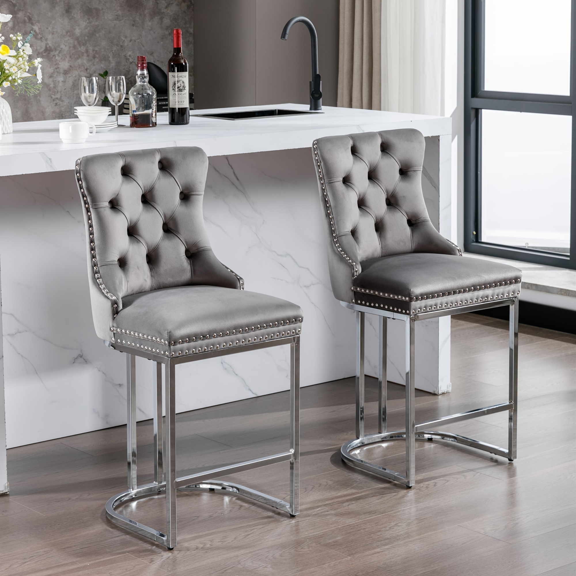 2pcs 26 velvet chairs comfy upholstered chairs with button back rivet trim leisure dining chairs with silvery metal legs desk chair accent chair for kitchen living room wine bar details 0