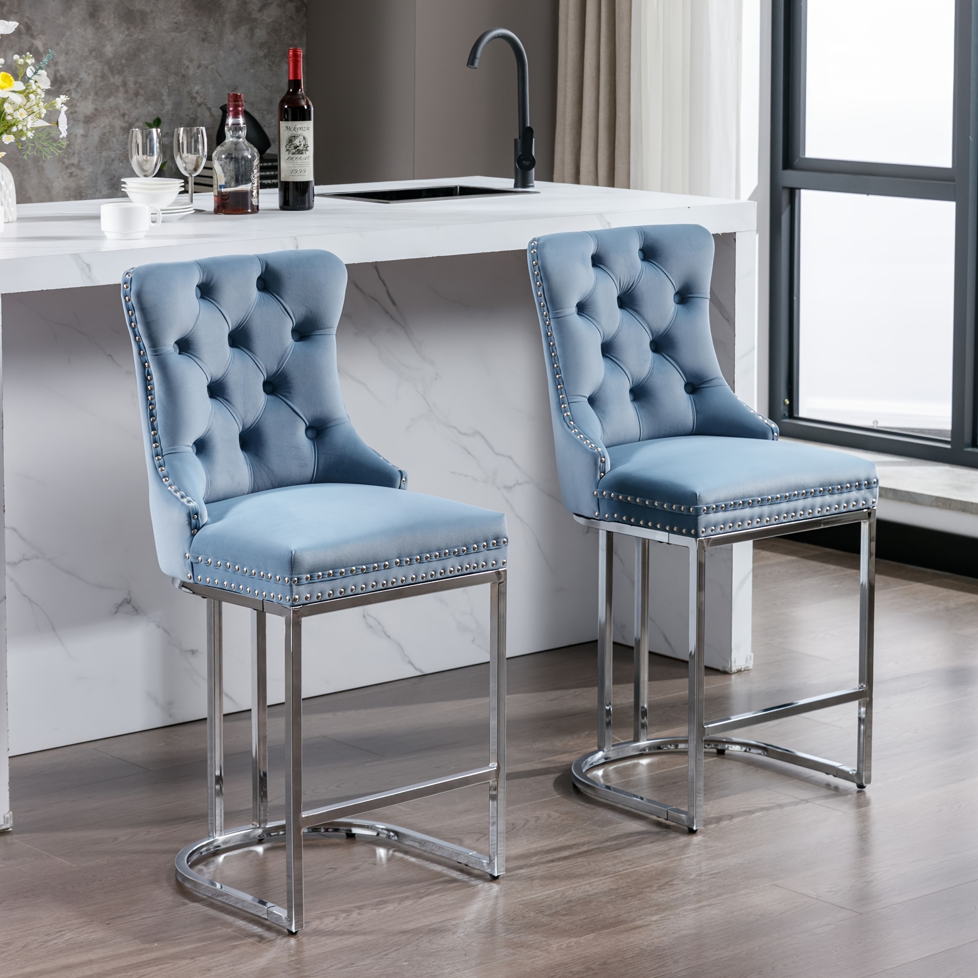 2pcs 26 velvet chairs comfy upholstered chairs with button back rivet trim leisure dining chairs with silvery metal legs desk chair accent chair for kitchen living room wine bar details 4