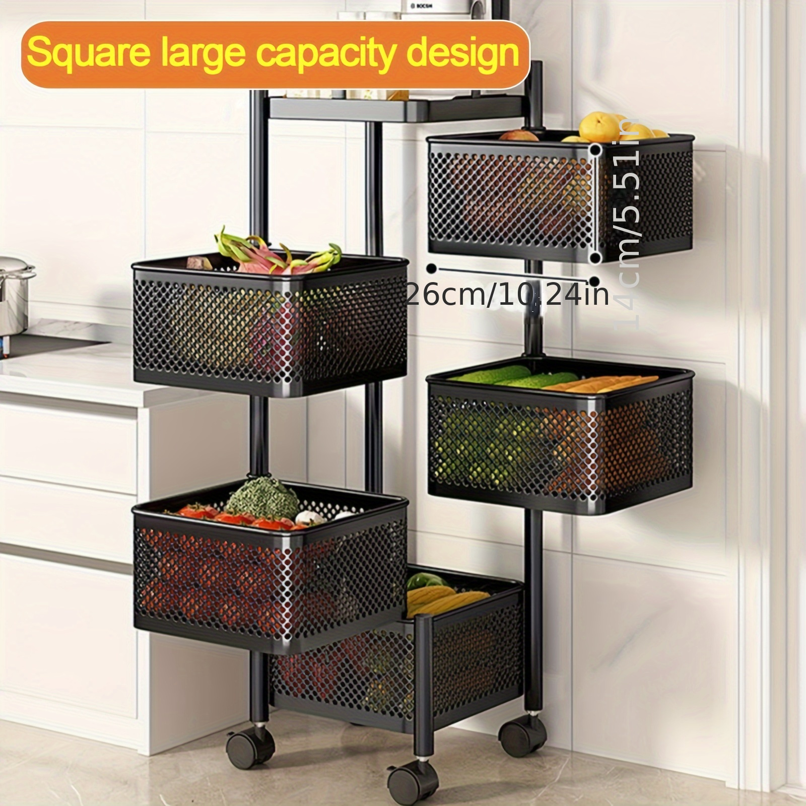 1pc   4 tier rotating storage shelves rack removable with rolling wheels   shelf organizer for fruit vegetable grocery 4 tier black details 1