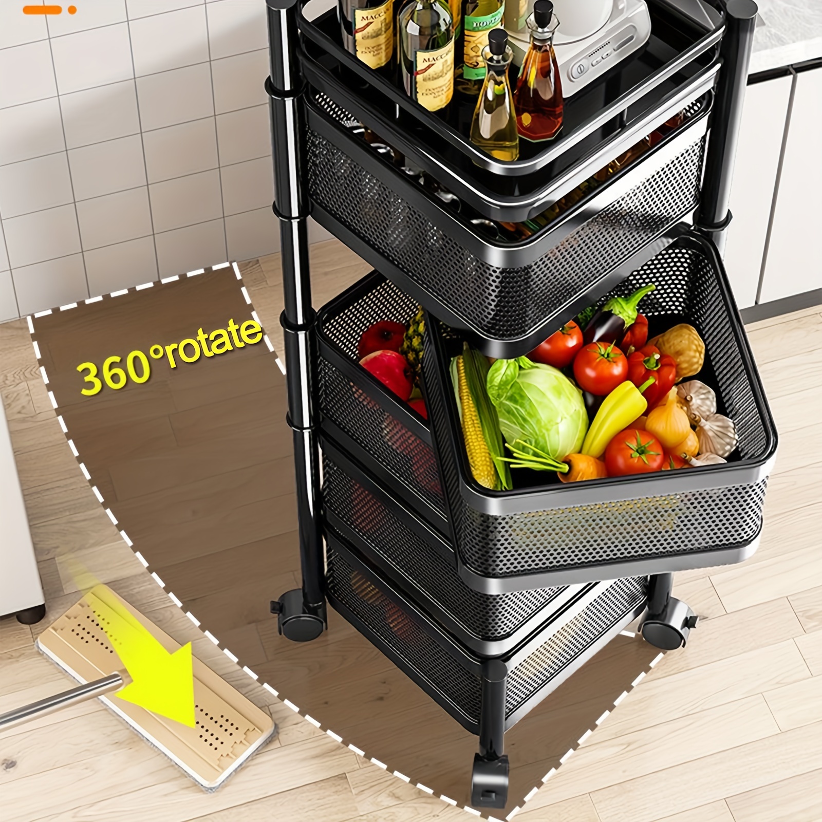 1pc   4 tier rotating storage shelves rack removable with rolling wheels   shelf organizer for fruit vegetable grocery 4 tier black details 4