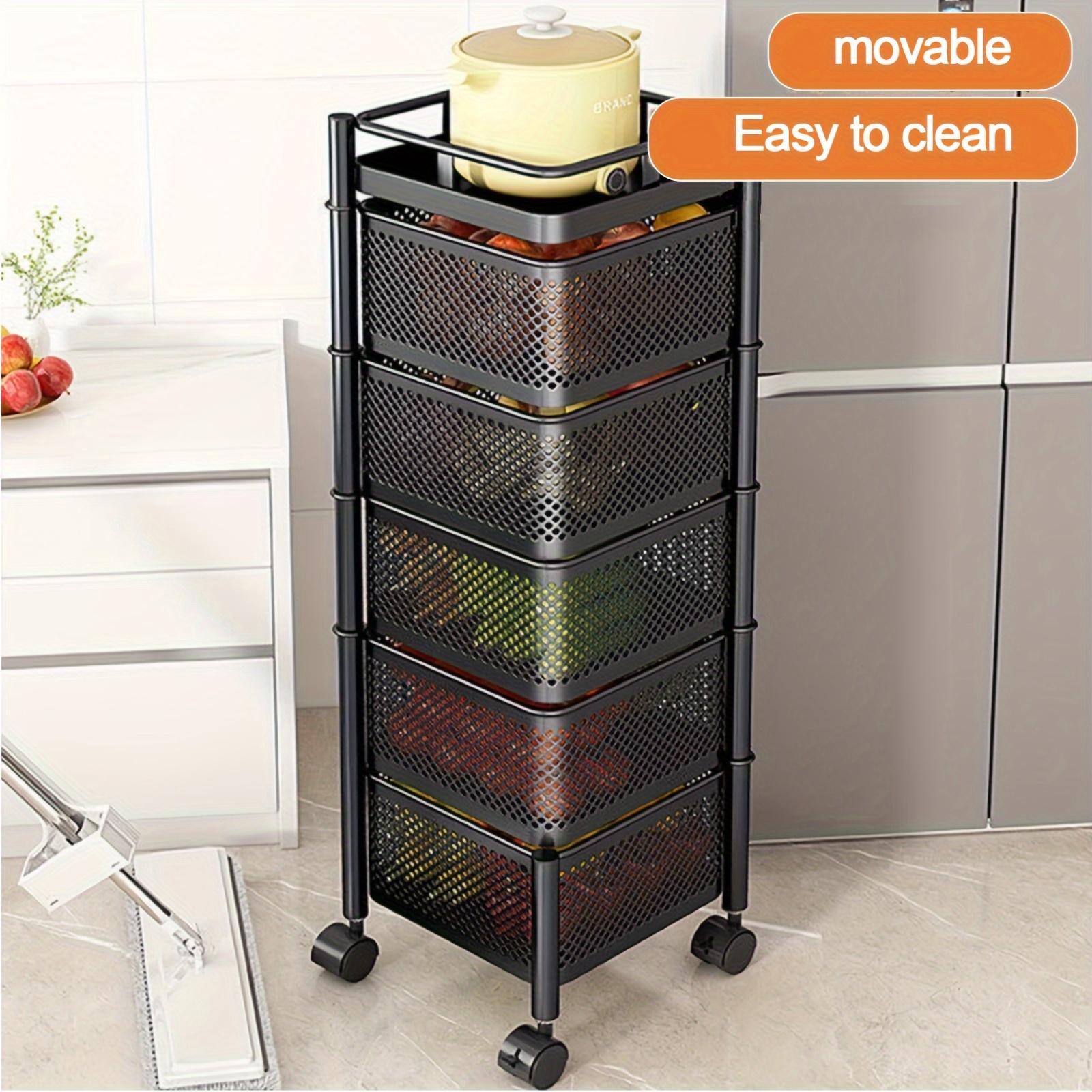 1pc   4 tier rotating storage shelves rack removable with rolling wheels   shelf organizer for fruit vegetable grocery 4 tier black details 5