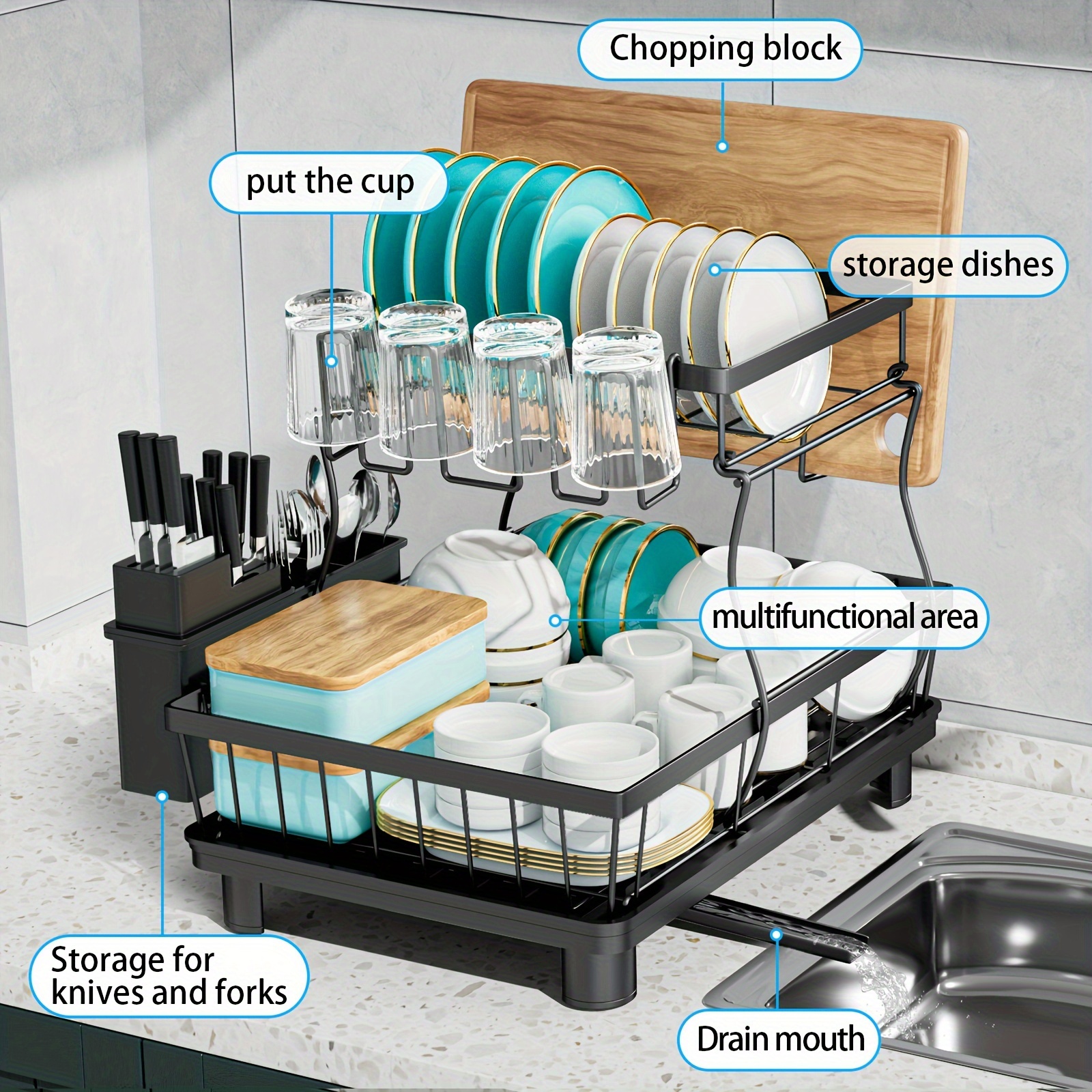 space saving 2 layer high capacity sink with bowl and dish holder above equipped with cutting board bowl and cup holder kitchen organizer durable details 0