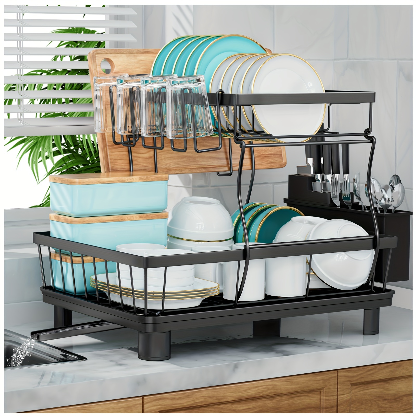 space saving 2 layer high capacity sink with bowl and dish holder above equipped with cutting board bowl and cup holder kitchen organizer durable details 1