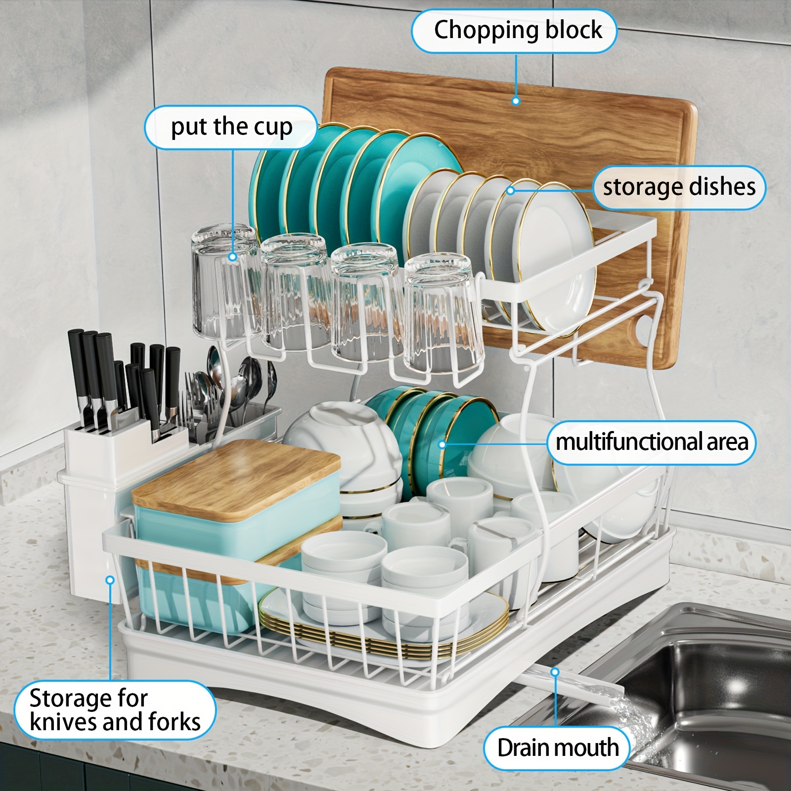 space saving 2 layer high capacity sink with bowl and dish holder above equipped with cutting board bowl and cup holder kitchen organizer durable details 3