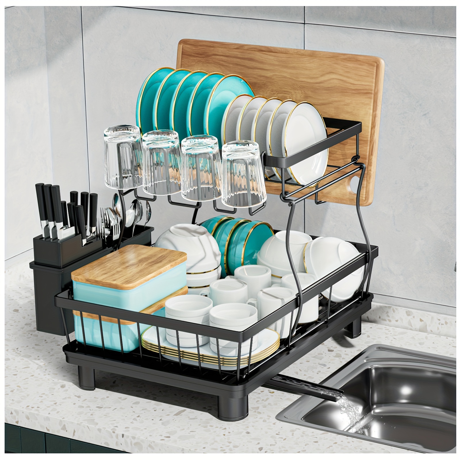 space saving 2 layer high capacity sink with bowl and dish holder above equipped with cutting board bowl and cup holder kitchen organizer durable details 8