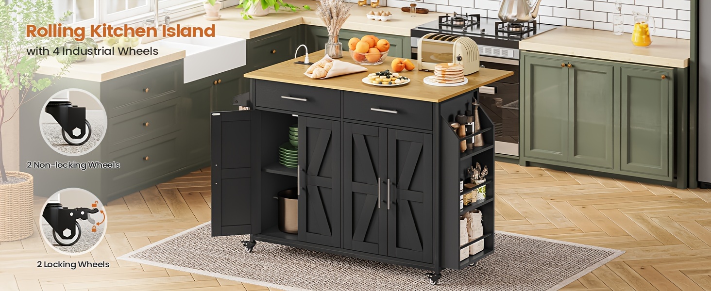 rolling kitchen island cart   with folding drop leaf portable trolley island large storage cabinet shelf spice rack towel rack drawers black details 2