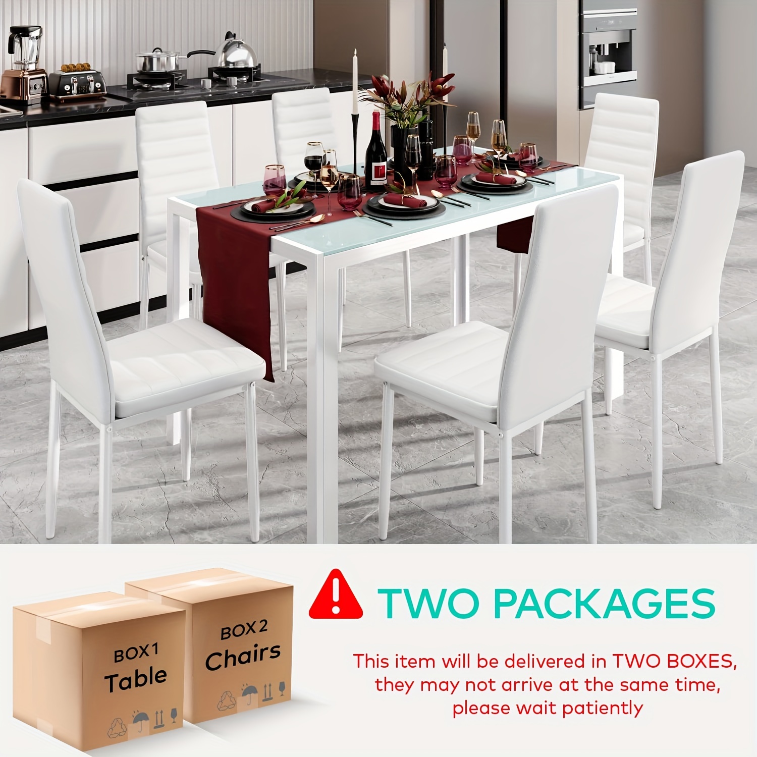 glass dining table sets for 6 7 piece kitchen table and chairs set for 6 person pu leather modern dining room sets for home kitchen living room white details 1