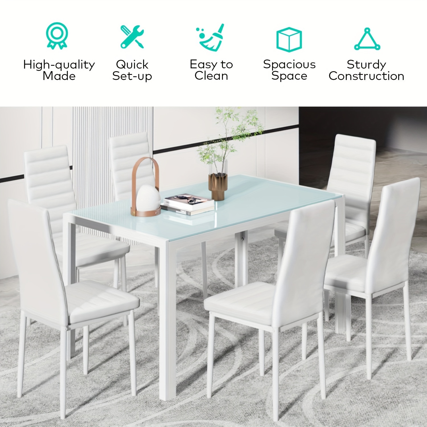 glass dining table sets for 6 7 piece kitchen table and chairs set for 6 person pu leather modern dining room sets for home kitchen living room white details 2