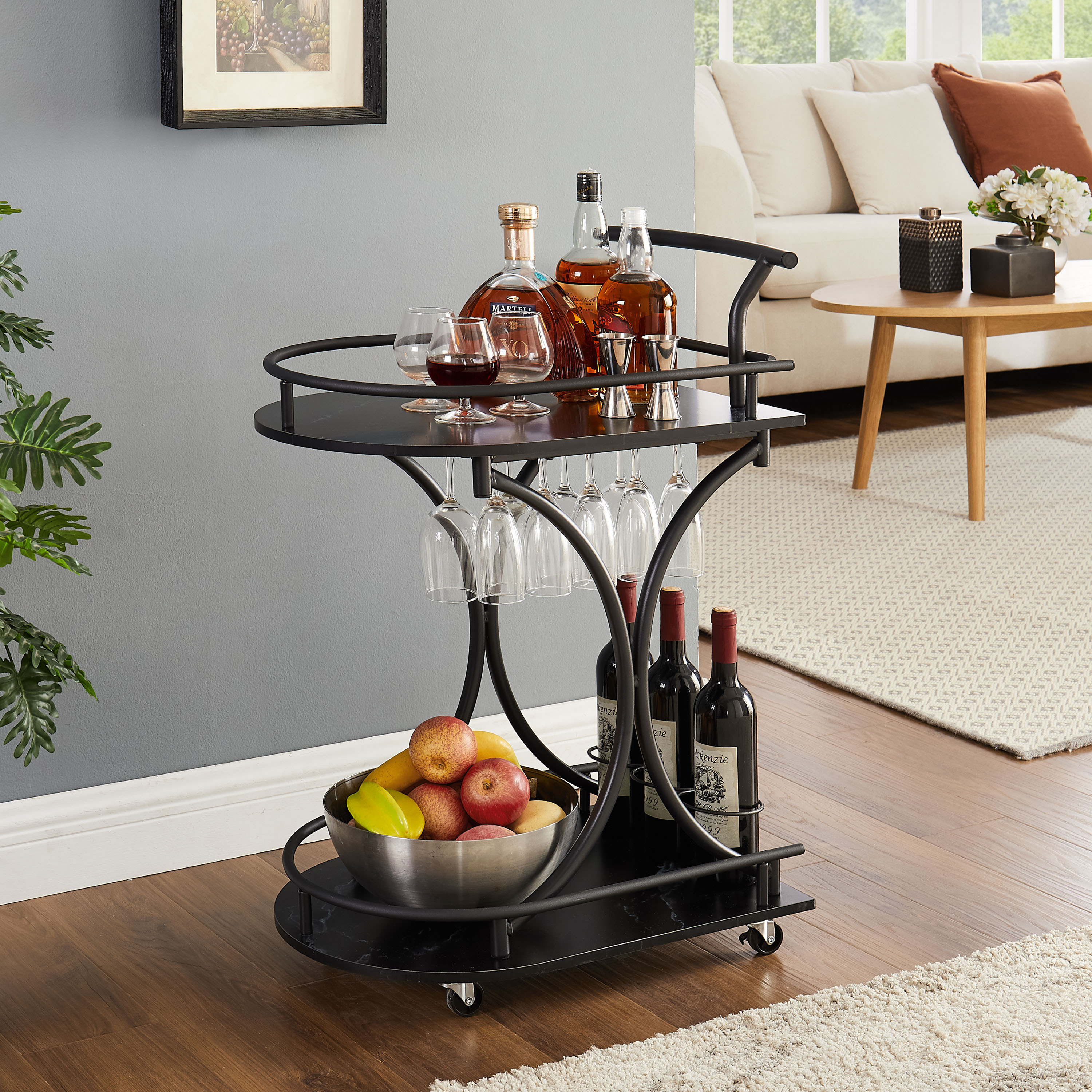 black 2 tier rolling kitchen cart industrial style mobile   rolling wine cart for kitchen beverage bar cart with wine rack and glass holder movable drink trolley for living room dinning room details 0