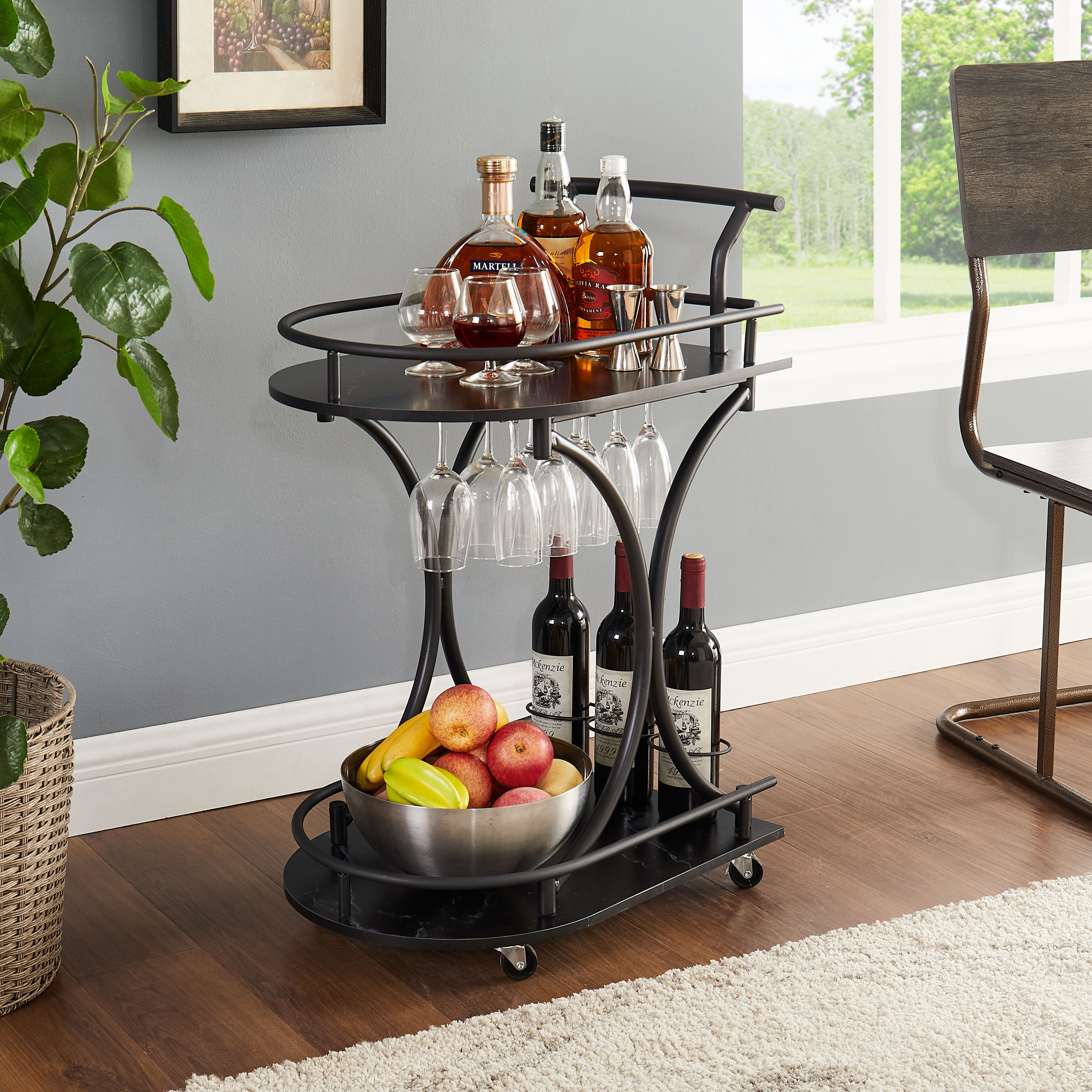 black 2 tier rolling kitchen cart industrial style mobile   rolling wine cart for kitchen beverage bar cart with wine rack and glass holder movable drink trolley for living room dinning room details 1