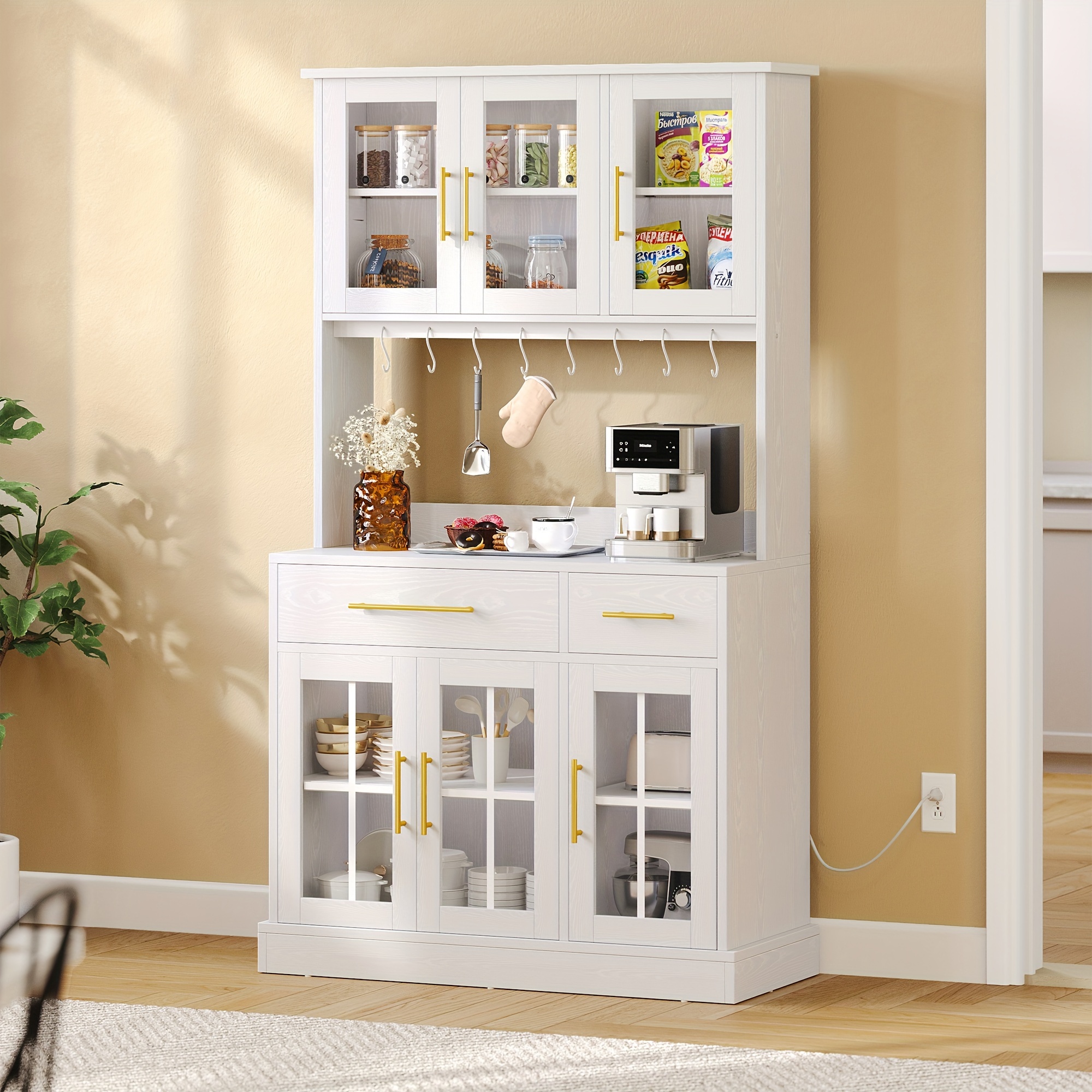 dwvo 71 kitchen pantry cabinet tall hutch cabinet with power outlet buffet cupboard details 0