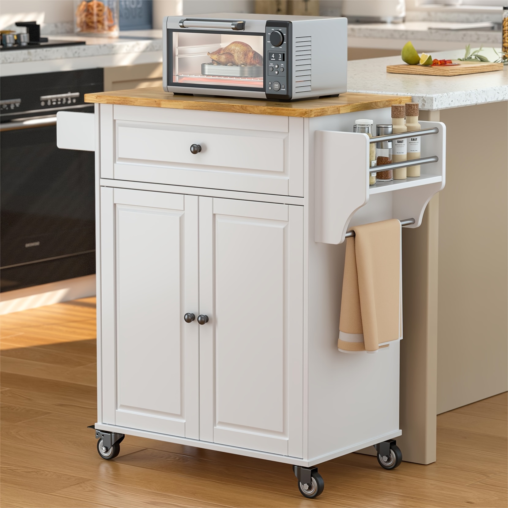 kitchen island with storage 35 8 w rolling kitchen cart on wheels with drawer storage cabinet spice rack towel rack solid wooden island cart countertop mobile trolley cart for dining room bar white details 0