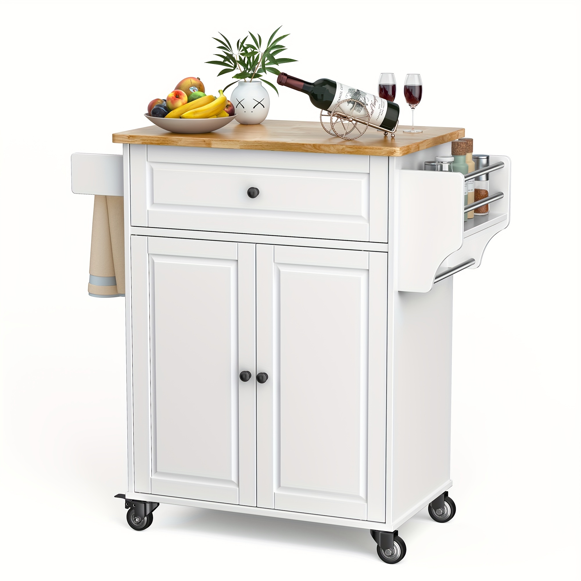 kitchen island with storage 35 8 w rolling kitchen cart on wheels with drawer storage cabinet spice rack towel rack solid wooden island cart countertop mobile trolley cart for dining room bar white details 2